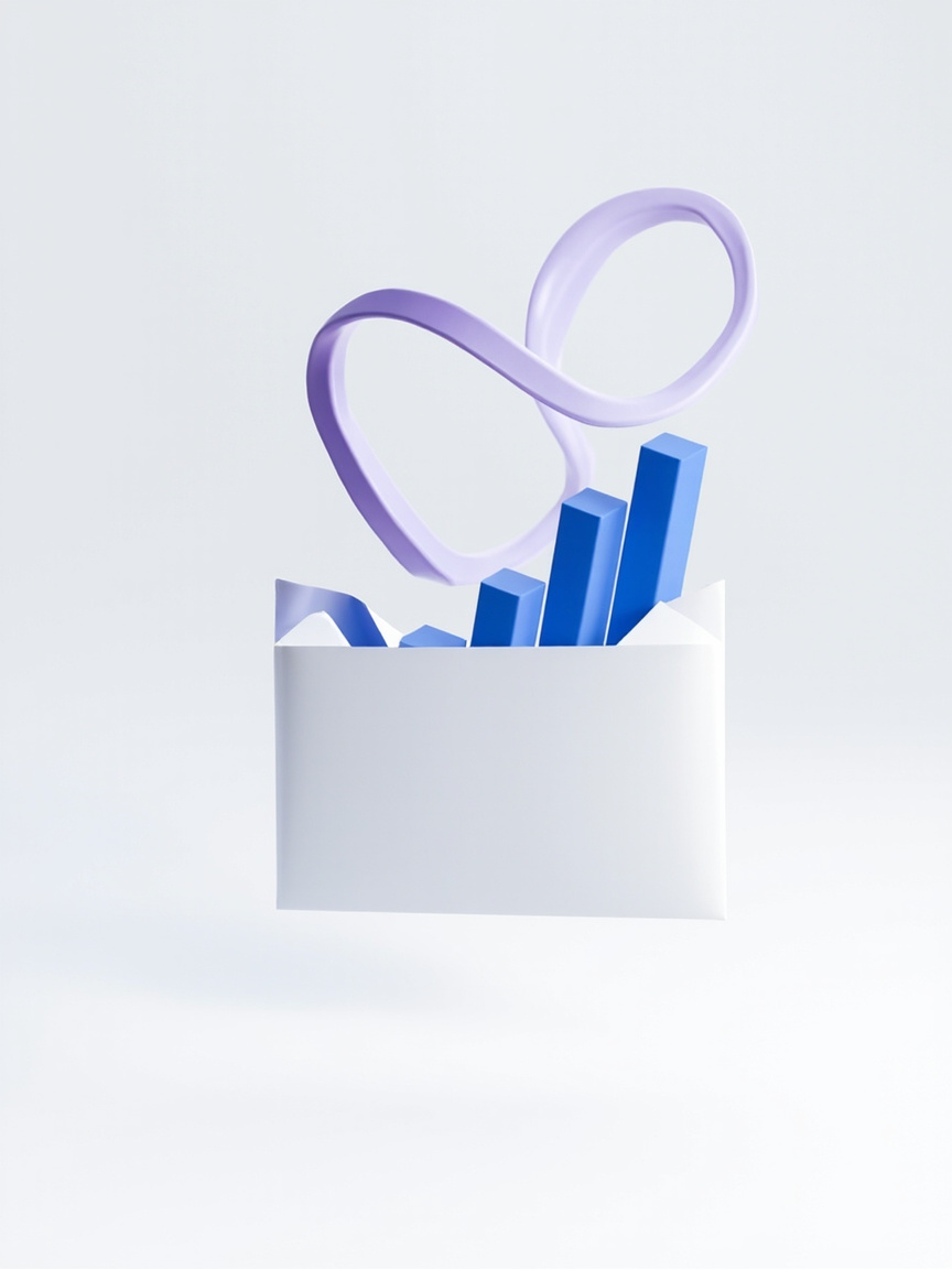 Ilustración 3D de un sobre liberando cintas azul y violeta que se transforman en gráficos